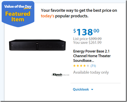 Walmart Value of the Day:Energy Power Base 2.1 Channel Home Theater Soundbase Just $138!