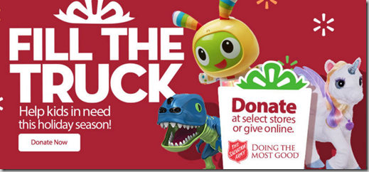 Donate Gifts or Money Through the Fill the Truck Salvation Army Toy Drive at Your Local Walmart!