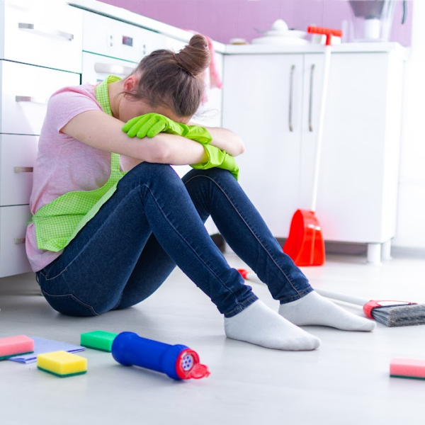 Exhausted woman in cleaning gloves and an apron sitting on the kitchen floor, overwhelmed by housework, surrounded by sponges, brushes, and cleaning supplies. Tired and frustrated with household chores.
