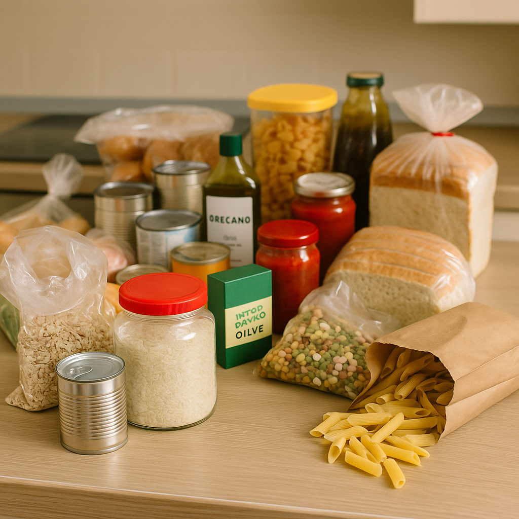 A cluttered kitchen countertop scattered with pantry staples like pasta, rice, canned goods, bread, and sauces—visually highlighting the confusion and cost of a disorganized food prep area.
