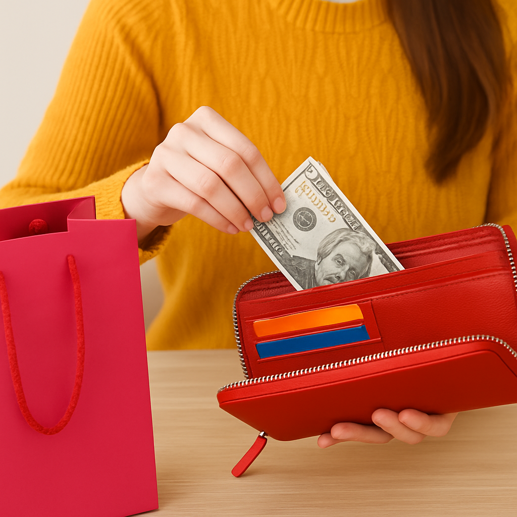 A close-up of a woman's hand pulling a $20 bill from a red wallet, with bright shopping bags and a mustard yellow sweater in the background—representing emotional spending and money decisions.