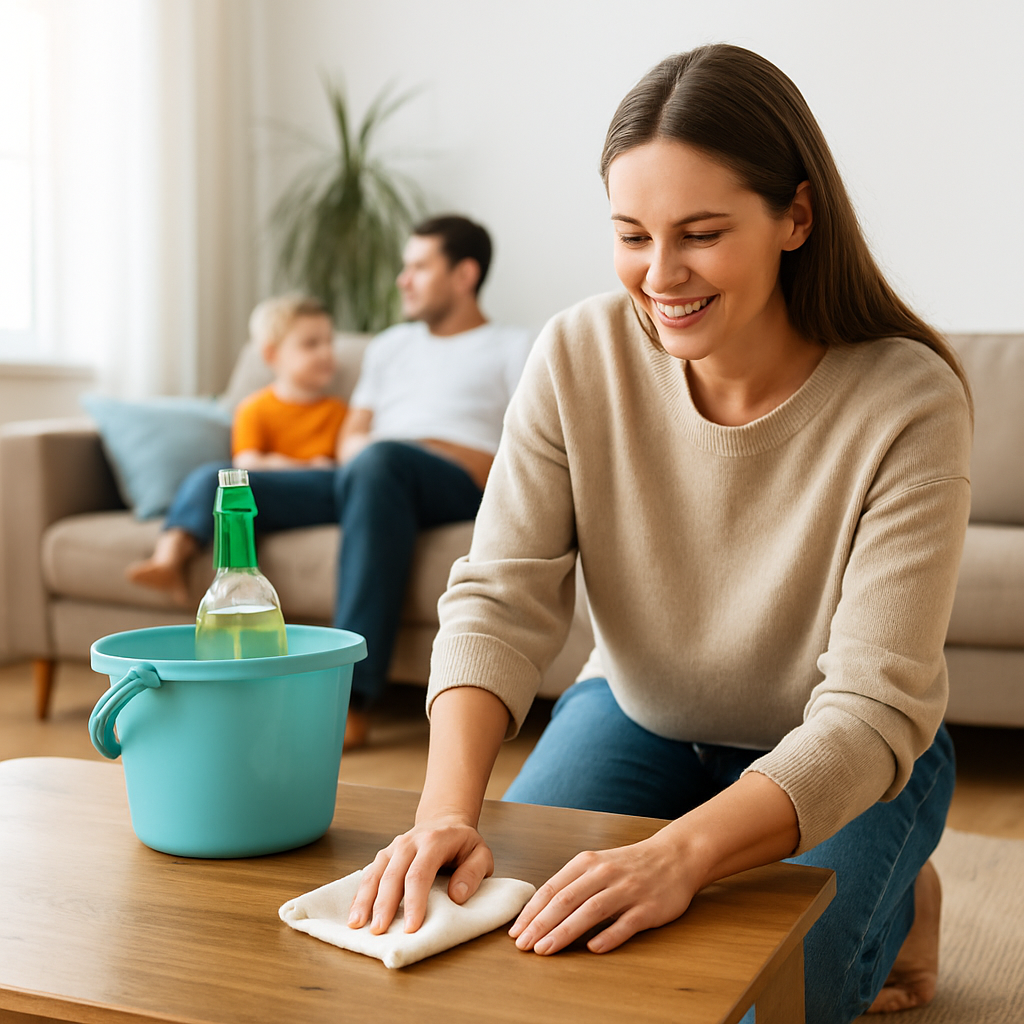 A smiling woman wipes down a wooden coffee table in a bright living room, while her husband and young son relax on a nearby sofa, surrounded by warm light and calm energy.