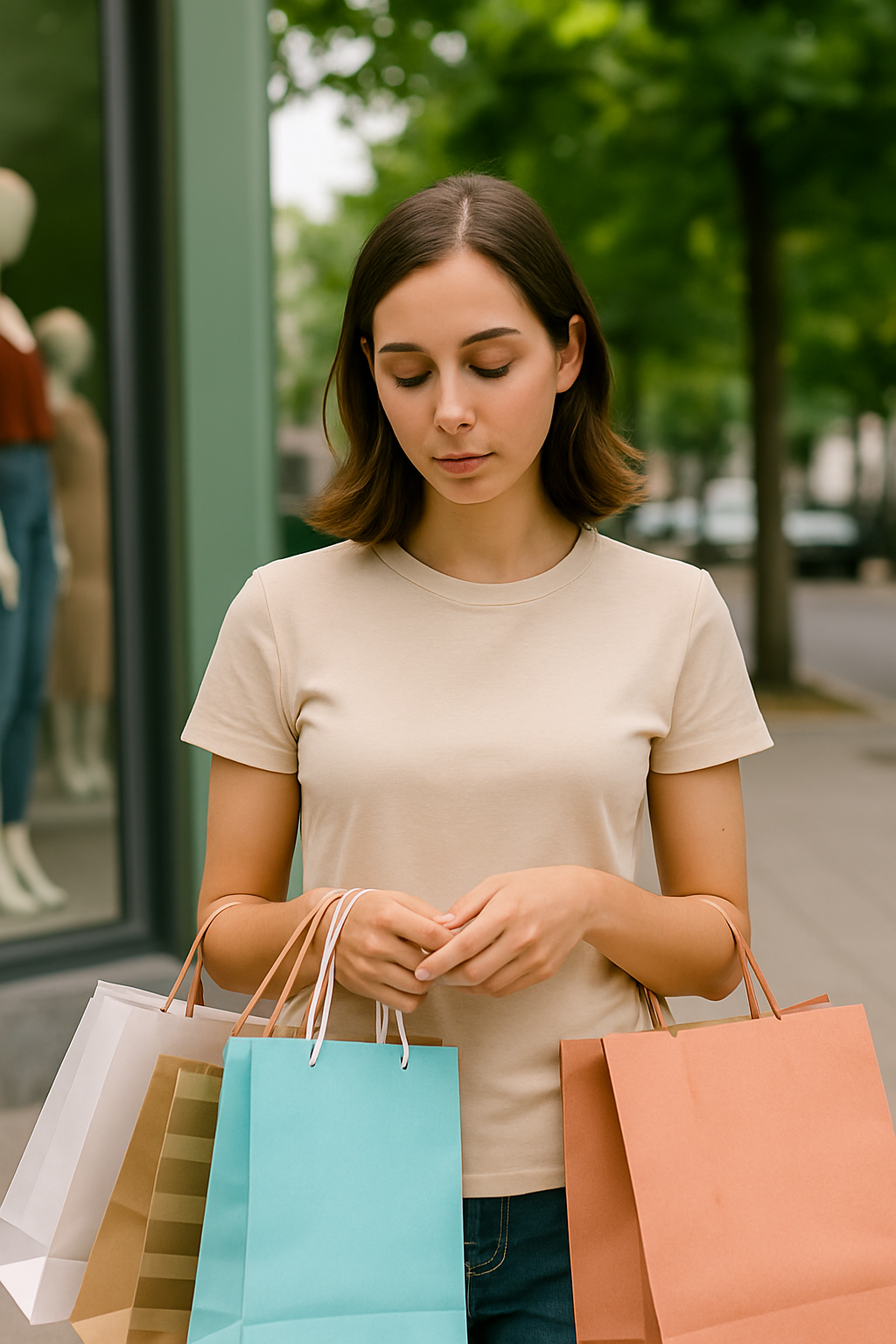 A woman stands outside holding shopping bags, looking down thoughtfully, representing the emotional pause before making a purchase.