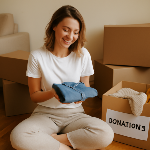 A smiling young woman sits cross-legged on the floor, packing clothes into a cardboard “donate” box, surrounded by moving supplies in a bright, cozy room.