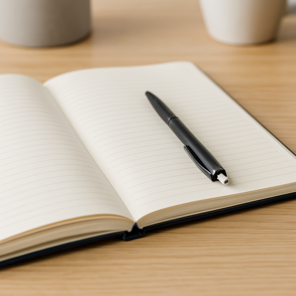 An open journal with lined pages and a black pen placed diagonally across it, sitting on a wooden desk with soft lighting and blurred ceramic containers in the background.
