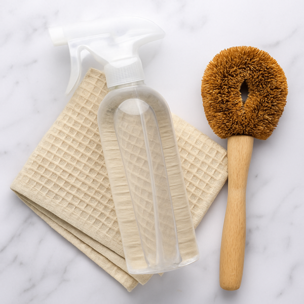 Natural cleaning supplies on a marble surface, including a transparent spray bottle, beige waffle cloth, and wooden scrub brush.