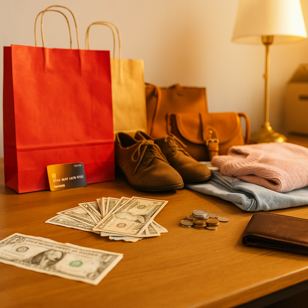 A wooden table covered in cash, coins, shoes, shopping bags, and folded clothes, highlighting the connection between materialism and overspending.