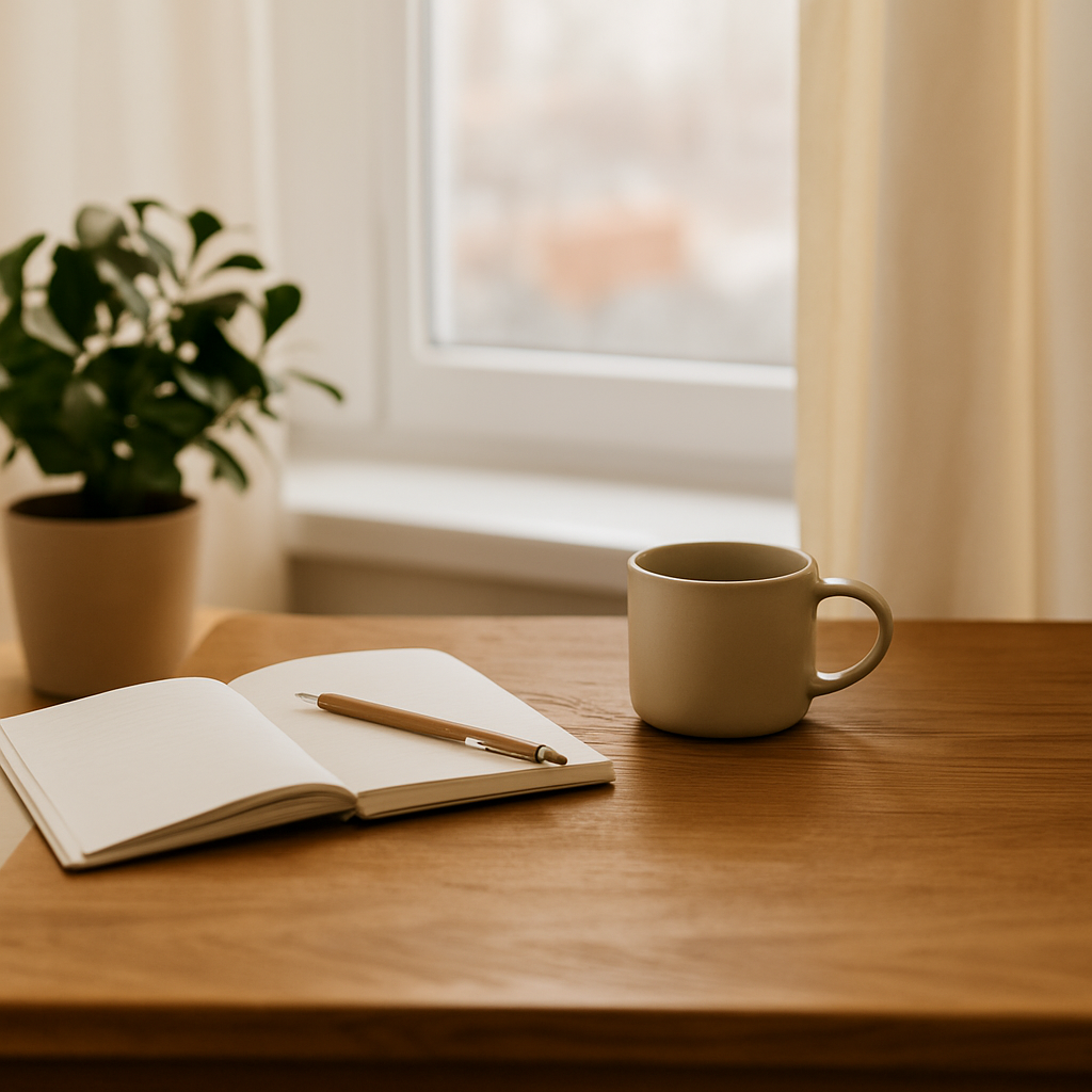 A cozy morning scene with a beige coffee mug, open notebook, and pen on a wooden table near a bright window, with a green potted plant adding a touch of calm.