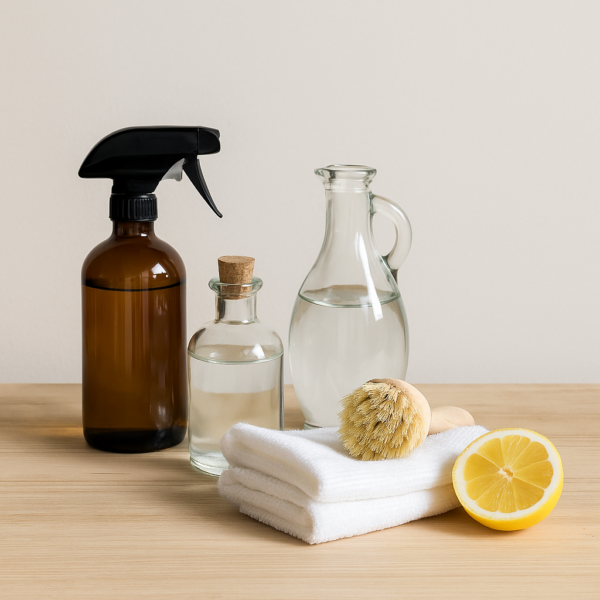 A collection of DIY cleaning essentials including an amber spray bottle, clear glass bottles, folded white towels, a wooden dish brush, and a lemon half on a light wooden surface.