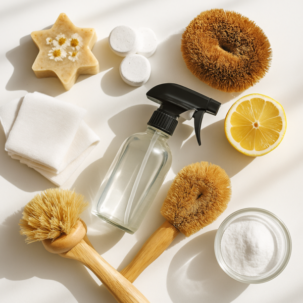 Eco-friendly cleaning supplies including a clear spray bottle, detergent tablets, bamboo scrub brushes, folded cloths, and a lemon on a white surface with natural sunlight.