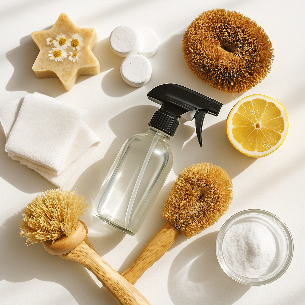 Eco-friendly cleaning supplies including a clear spray bottle, detergent tablets, bamboo scrub brushes, folded cloths, and a lemon on a white surface with natural sunlight.