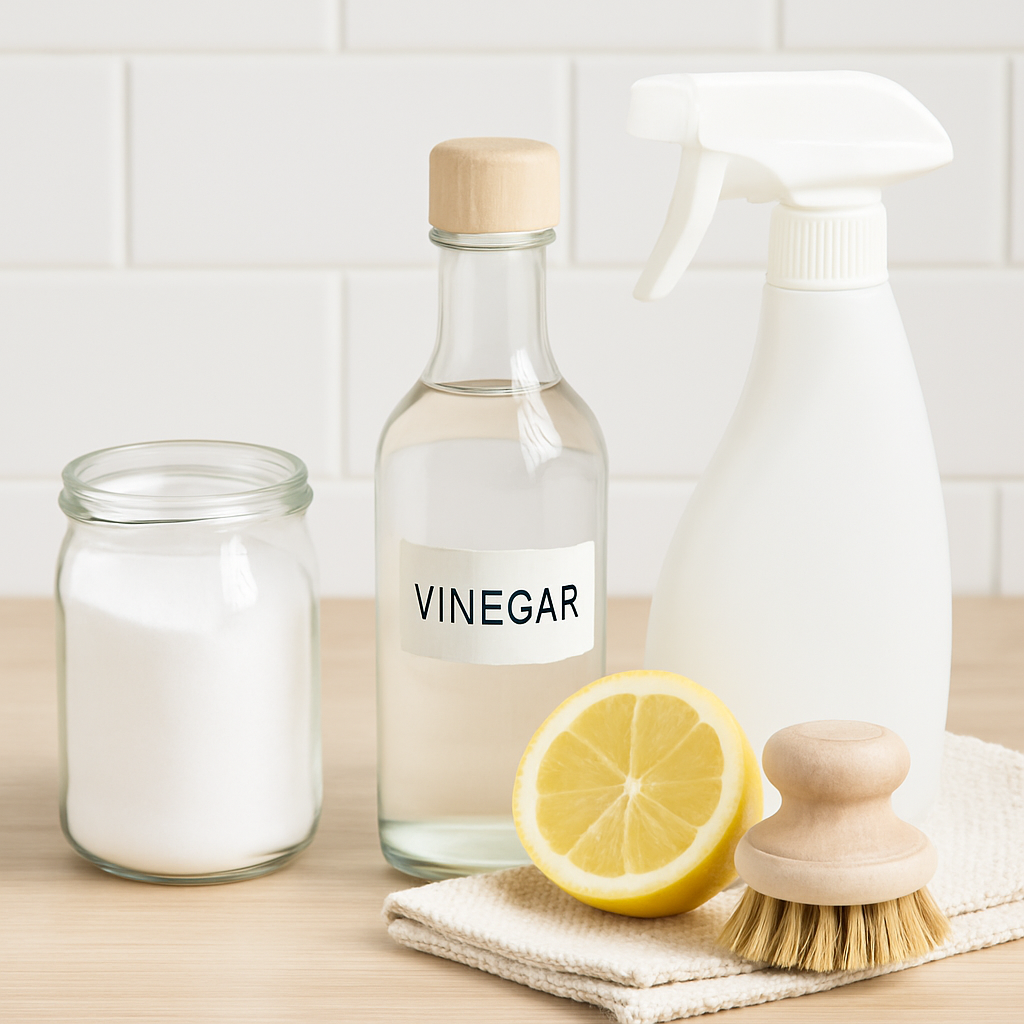 A tidy collection of natural cleaning products arranged on a wooden surface, including a glass jar of baking soda, a labeled vinegar bottle, a spray bottle, a lemon half, and a wooden scrub brush, all set against a white tile background with soft lighting.