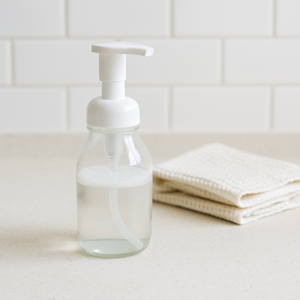 Glass foaming soap bottle next to a small stack of white towels on a neutral bathroom counter.