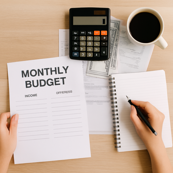 A clean, well-lit workspace featuring a monthly budget form, notebook, calculator, and cup of coffee — symbolizing financial clarity and control.