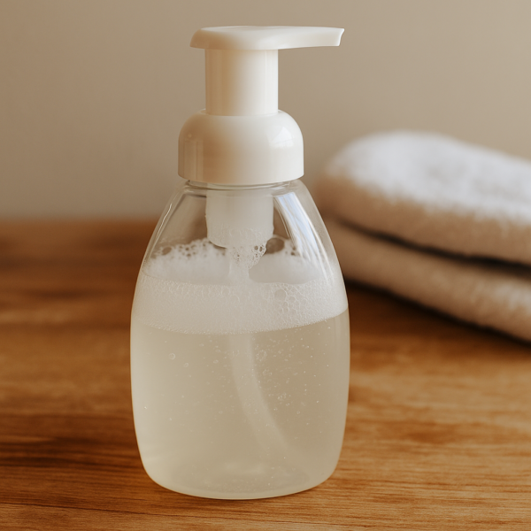 Close-up of a glass foaming soap bottle next to essential oils and a small stack of white towels on a neutral bathroom counter.