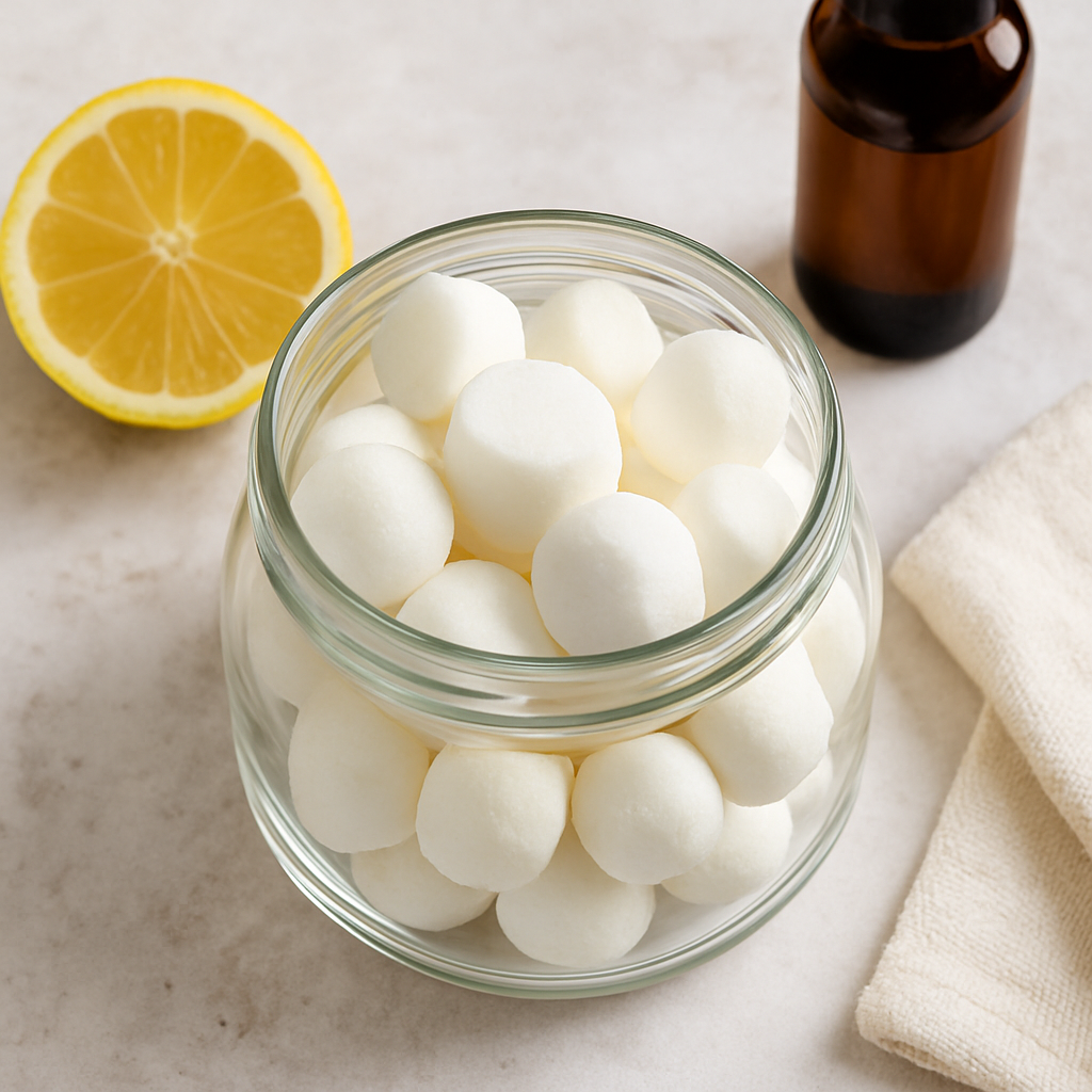 Glass jar filled with homemade white fragrance balls next to a halved lemon, essential oil bottle, and soft cloth.