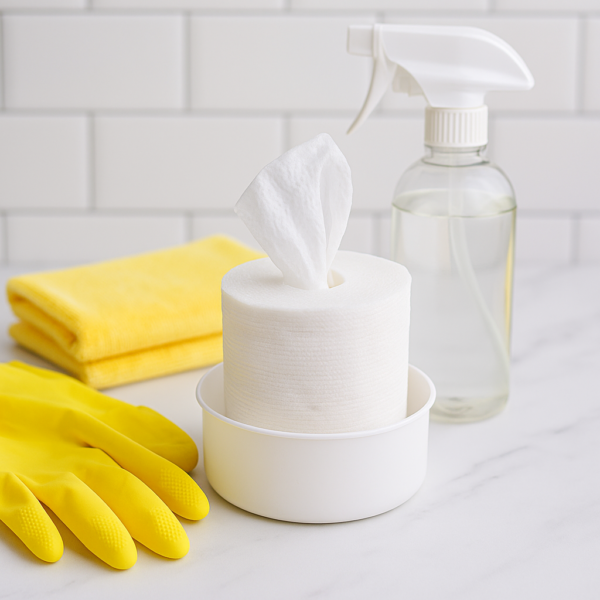 Homemade disinfecting wipes roll sitting in a white container next to yellow gloves, a spray bottle, and a yellow cleaning cloth on a marble surface.