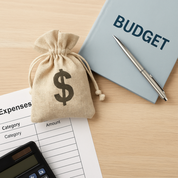 A light wooden desk with a burlap money bag, a pale blue budget notebook, a pen, calculator, and an expense worksheet — representing calm, intentional financial planning.