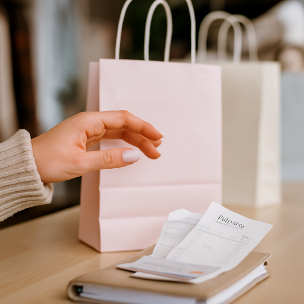 A soft-lit scene showing a woman’s hand reaching for a pink shopping bag with a stack of receipts and a credit card resting on a wallet — representing impulse spending moments.