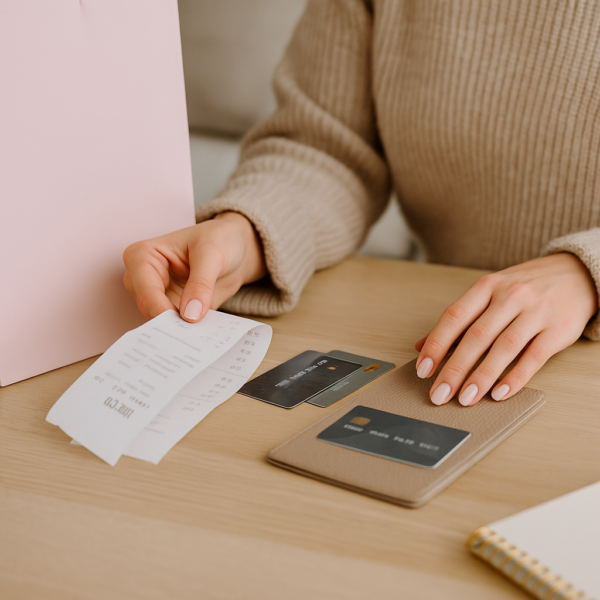 A woman’s hands sorting through receipts and credit cards on a wooden table, highlighting the connection between spending behavior and financial awareness.
