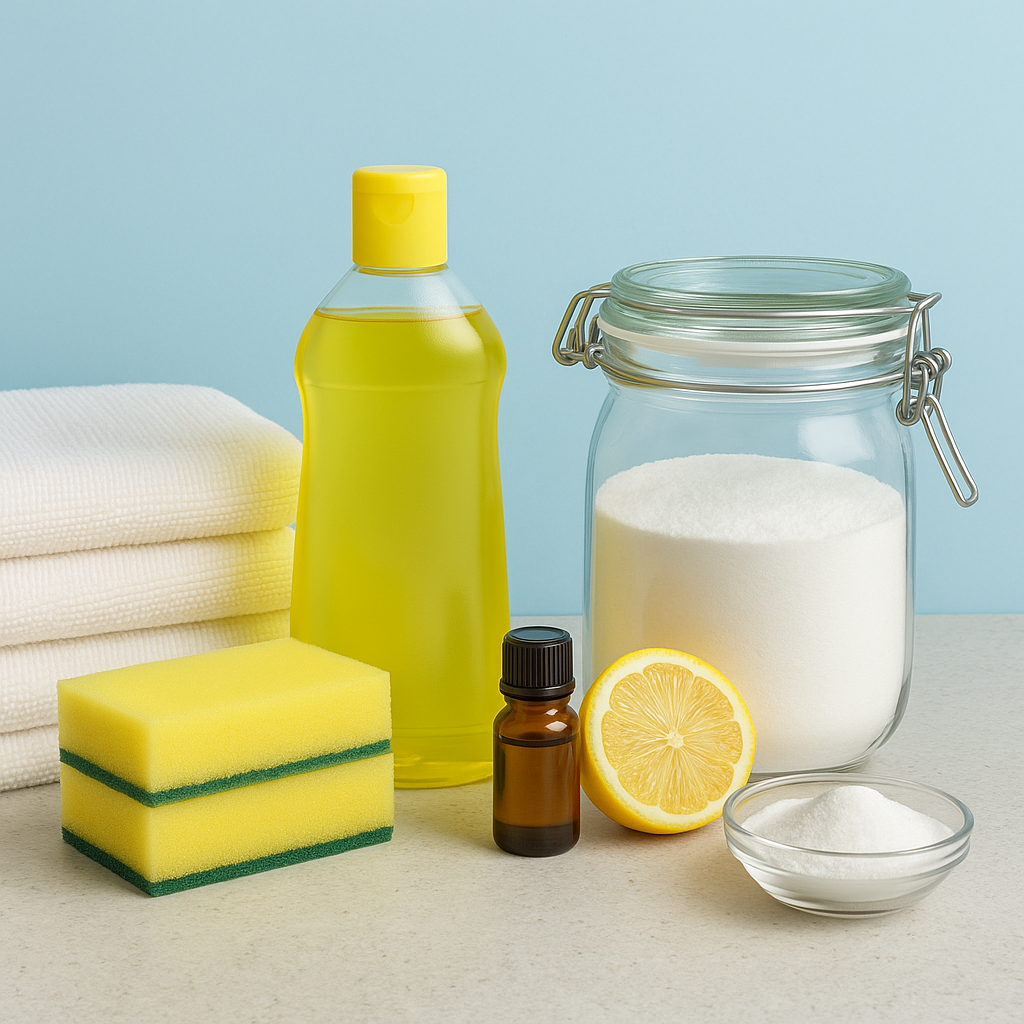 Collection of household cleaning supplies including yellow sponges, a bottle of cleaner, a jar of baking soda, a lemon, and essential oils on a light gray surface.