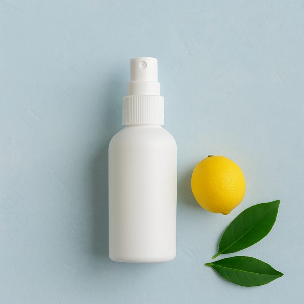 White spray bottle with a lemon and green leaves on a soft blue background, highlighting a natural air freshener concept.