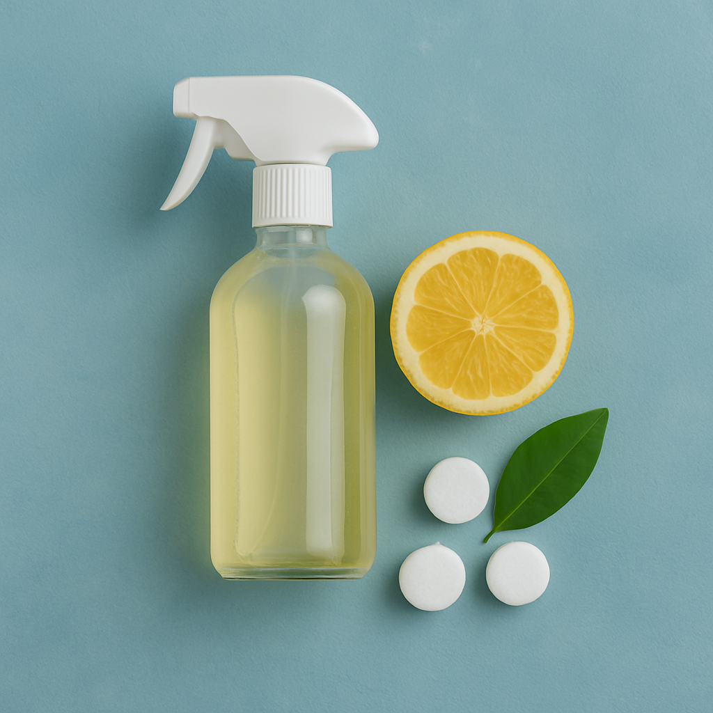 Glass spray bottle filled with DIY lemon air freshener surrounded by a half lemon, green leaf, and small white fragrance tablets on a textured teal background.