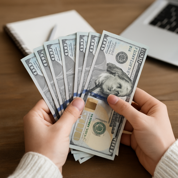A person holding a fan of $100 bills with a notebook and pen in the background — symbolizing financial progress, planning, and control.