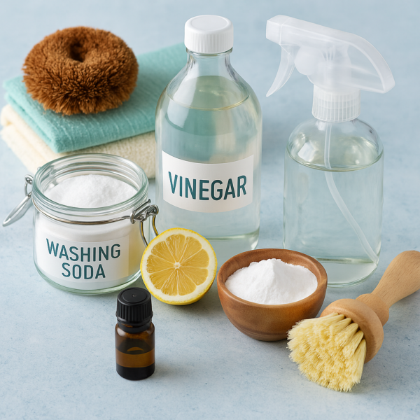 DIY cleaning essentials including vinegar, washing soda, essential oil, a lemon, and natural brushes arranged on a blue surface.