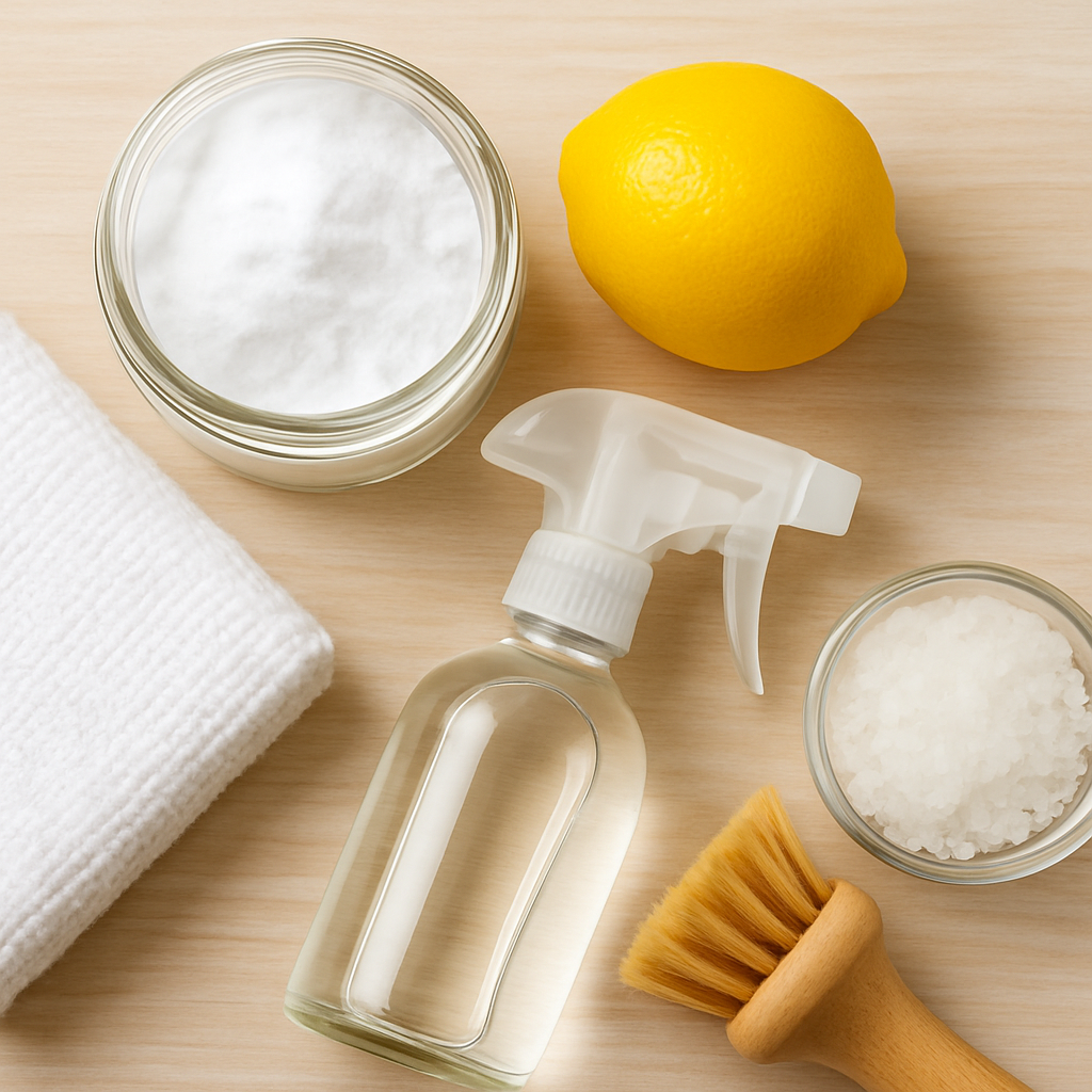 Flat lay of DIY natural cleaning supplies with a lemon, spray bottle, baking soda, sea salt, a cleaning brush, and a folded towel on a wood background.